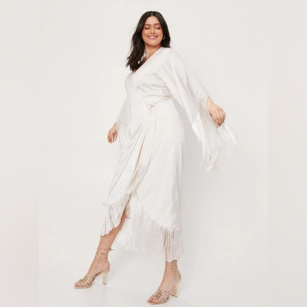 Nasty Gal Ivory Fringe Wrap Dress